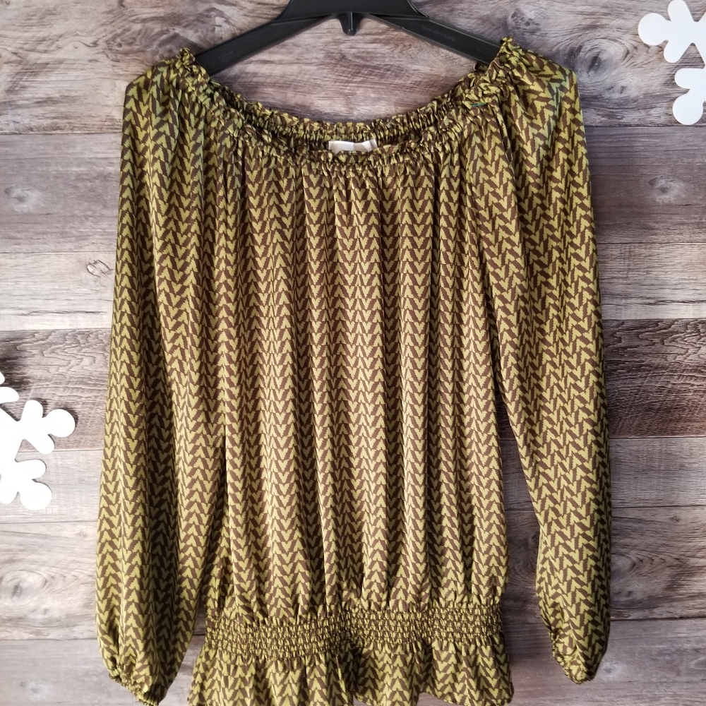 Green silky off or on shoulder  blouse